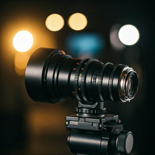 Close-up of a high-end cinematic camera lens on a professional film set